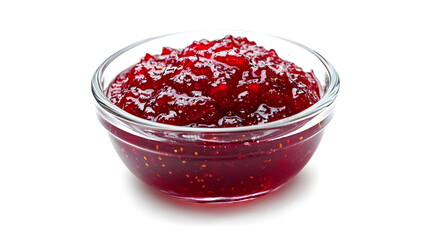 Transparent glass bowl with strawberry jam close up for culinary design