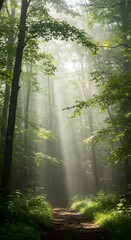 Obraz premium Sunlight streams through a lush green forest, illuminating a path and creating a serene, ethereal atmosphere.
