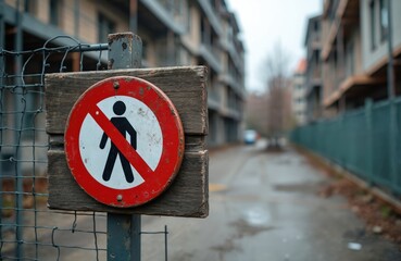 Construction site with clear No Entry sign attached to wooden post, fence. Background shows buildings under construction, wet road, green fence, suggesting ongoing development, restricted access.
