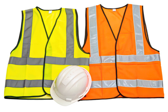 Yellow and orange high-visibility safety vests and a hard hat isolated with transparent background