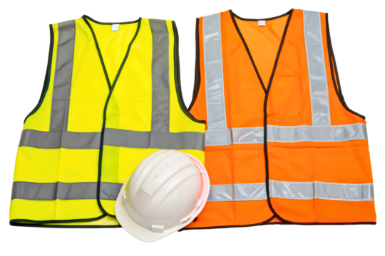 Yellow and orange high-visibility safety vests and a hard hat isolated with transparent background