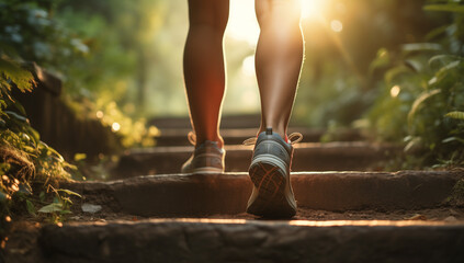 The legs of a person in sneakers climbing stone steps on a forest trail, perfect for illustrating progress, determination, and overcoming challenges