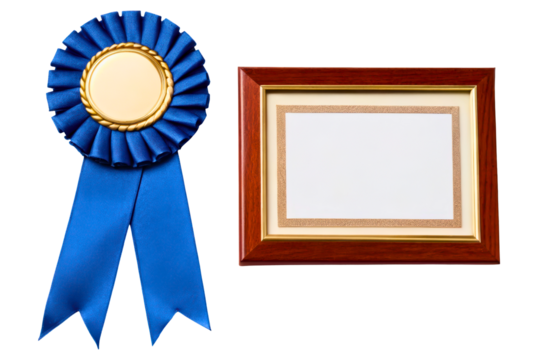 Blue first-place award ribbon next to a blank wooden frame isolated with transparent background
