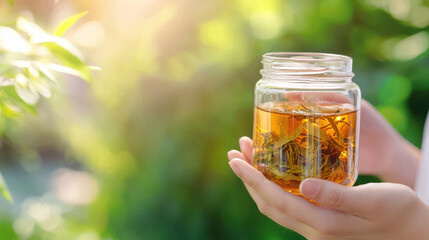 Person holding jar of herbal tea in lush green environment, showcasing refreshing and natural vibe