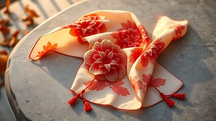 Delicate silk scarf with chrysanthemum embroidery in rich red and gold, evoking autumnal serenity.