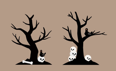 Set of Halloween black dead tree and white skull. 
Fall Halloween scary tree flat stock vector illustration design.
Good for greeting card,poster, banner, leaflet.
