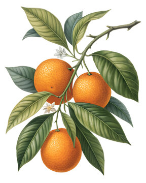 A botanical illustration of an orange branch with three fruits leaves and small white flowers on transparent background