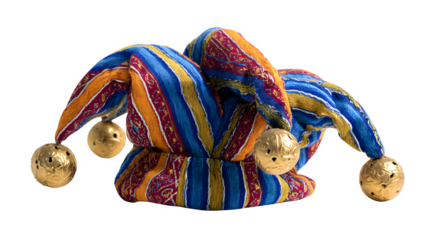 Colorful jester hat with bells on white background