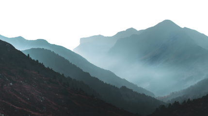 Foggy dark mountain landscape with misty valley on a white background