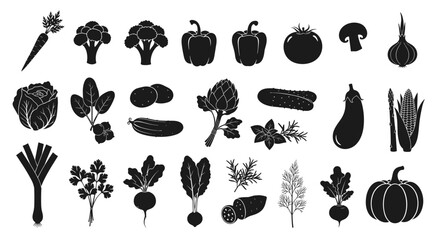 Black and white vector illustration of diverse fresh vegetables
