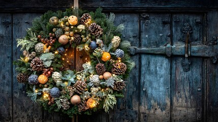 A festive Christmas wreath adorns a weathered wooden door.