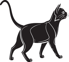 Black cat walking profile with white line art details