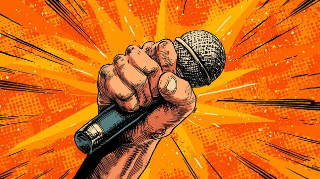 Hand Clenching Microphone, Explosion Backdrop
