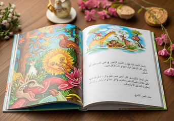Colorful illustrated children's fable book open to a page with fantasy animals and text on a cozy tabletop © xaras