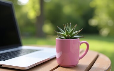 Pink Mug with Succulent Plant and Laptop on Wooden Table Outdoors. High quality