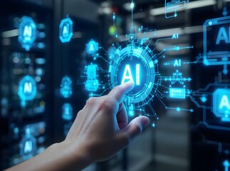 Hand touching holographic glowing AI icon with digital data streams and technology visualization