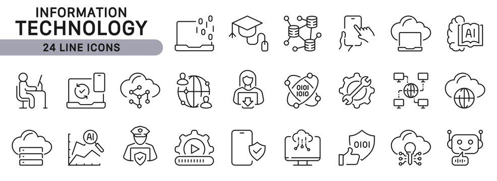 Information Technology line icons set with IT, Cybersecurity, Artificial Intelligence, Computing, Big Data, Cloud, Analytics and more. Editable Stroke