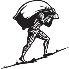 Fototapeta premium Tribal silhouette carrying heavy sack uphill, isolated with whit