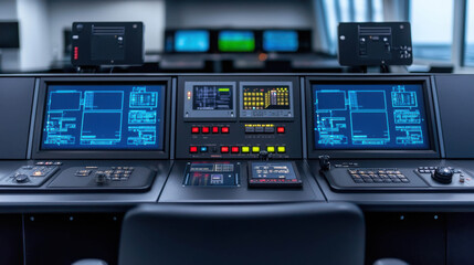 Fototapeta premium Modern Control Room with High-Tech Displays and Control Panels in a Marine Environment for Navigation and Monitoring Operations
