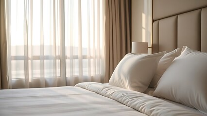 Fototapeta premium Hotel bed with neatly arranged pillows, soft morning light creating a tranquil atmosphere.