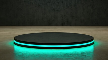 Modern circular pedestal with glowing teal light showcasing minimalist design in dark atmospheric room interior for creative visual presentations and displays
