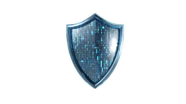 Cybersecurity shield icon with digital style on white background
