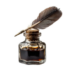 Antique quill pen resting on a glass inkwell filled with dark ink isolated on transparent background