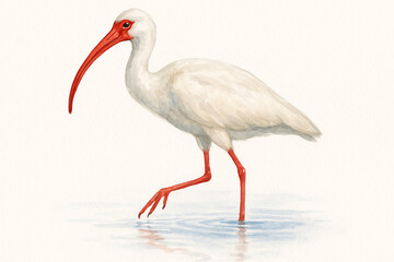 Elegant watercolor illustration of a white ibis wading in shallow water, depicted in side profile with one leg lifted mid-step, long curved red beak, bright red legs, and subtle feather texture