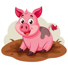 vector illustration of yorkshire pig, lying in mud, cartoon