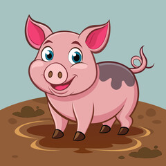 vector illustration of yorkshire pig, lying in mud, cartoon
