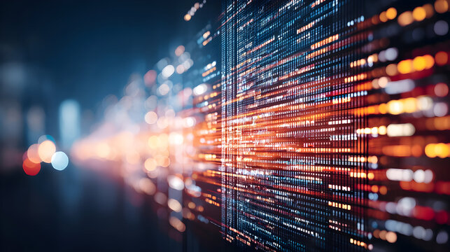 Abstract image depicting a digital matrix overlaying a blurred cityscape night, showcasing a blend warm orange cool blue hues.