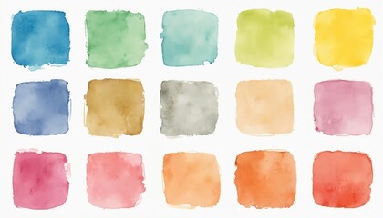 Collection of watercolor squares in soft pastel colors, isolated on white. Blue, green, yellow, pink, orange hues. Perfect for invitations, posters, graphic design elements, color palettes.
