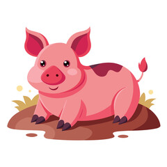 vector illustration of yorkshire pig, lying in mud, flat design