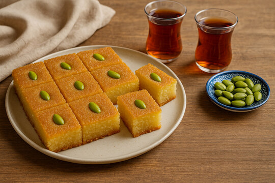 Middle eastern traditional semolina cake basbousa , namoora, hareesa served with tea stock photo 