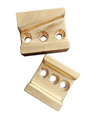 Two brass industrial components with three holes each manufacturing machinery