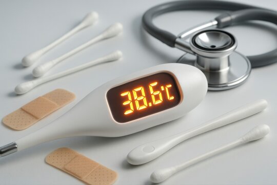 Digital thermometer shows feverish 38.6C alongside stethoscope, bandages, and cotton swabs for healthcare