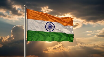 Indian flag waving majestically sunset sky