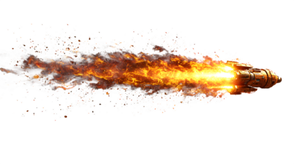 Fiery bullet rocket with dynamic flame trail on a white background