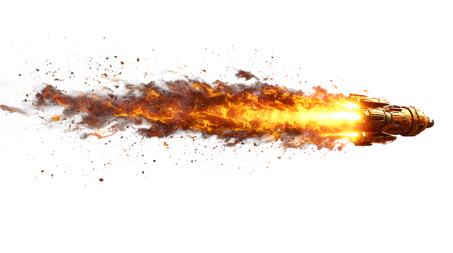 Fiery bullet rocket with dynamic flame trail on a white background