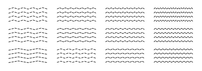 Naklejka premium Squiggly zigzag vector set with ripple, wiggle and sine wave lines. Corrugated and wriggly shapes form artistic dividers or backgrounds with a playful graphic edge.