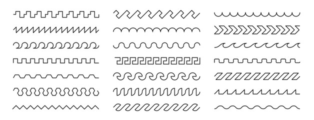 Wavy zigzag line set with squiggly strokes, sine curves and serrated patterns. Abstract waveforms and edgy ripples add motion. Perfect for dividers, borders or seamless designs.