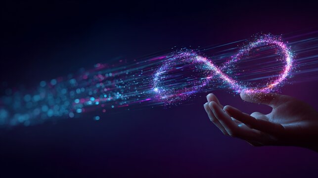 Hand holding a glowing infinity symbol in the dark