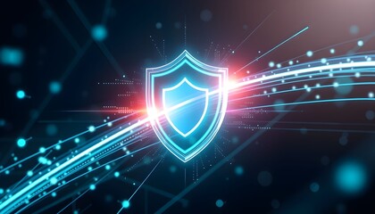 Obraz premium Digital shield icon representing data security and protection, with glowing lines.