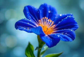 Fototapeta premium A close-up view of a vibrant blue flower with water droplets, showcasing its delicate petals and yellow center.