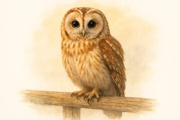 Obraz premium Charming watercolor illustration of a tawny owl perched on a wooden branch, with large expressive black eyes, soft brown and cream feather patterns, and a warm beige background wash creating a gentle,