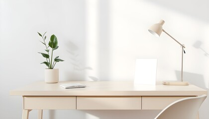 A minimalist, light-filled workspace with a blank poster, plant, and desk lamp.