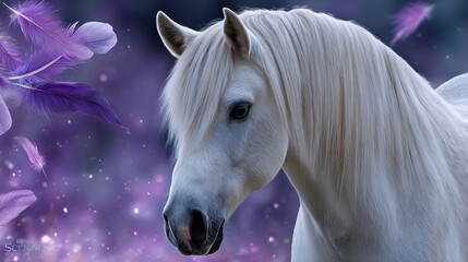 Naklejka premium Majestic White Horse Portrait with Floating Purple Feathers Dream Scene