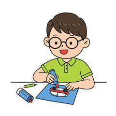 a boy wearing glasses and a green shirt is drawing a red car in a coloring book