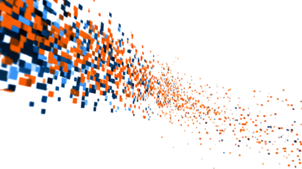 Falling orange and blue pixel square animation on a white background