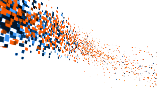 Falling orange and blue pixel square animation on a white background